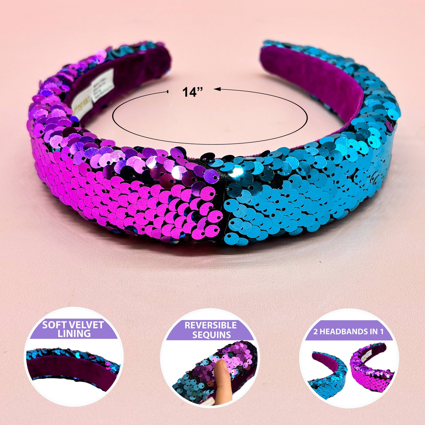 Reversible Sequin Headband - Kids Padded Hair Band: Rainbow/Gold