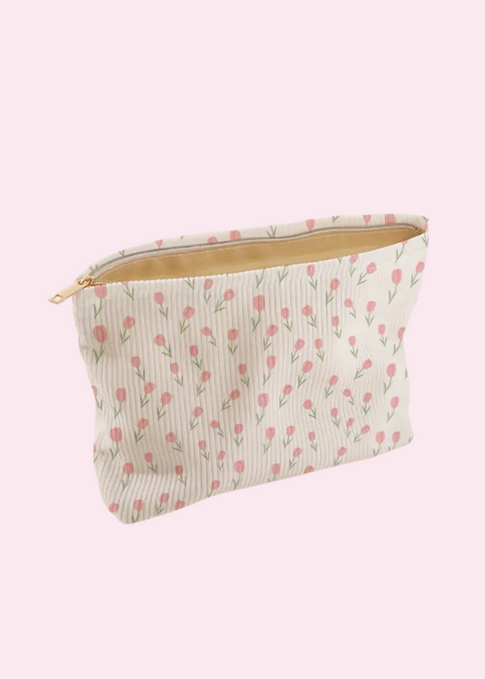 Pink Flowers Bow Makeup Bag