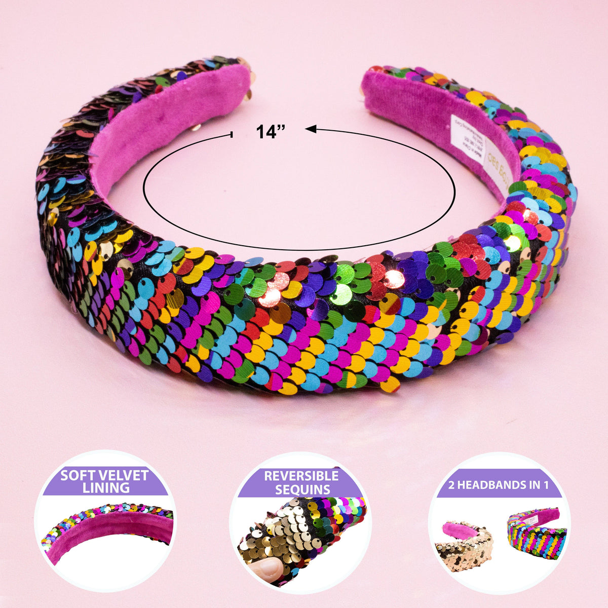 Reversible Sequin Headband - Kids Padded Hair Band: Rainbow/Gold